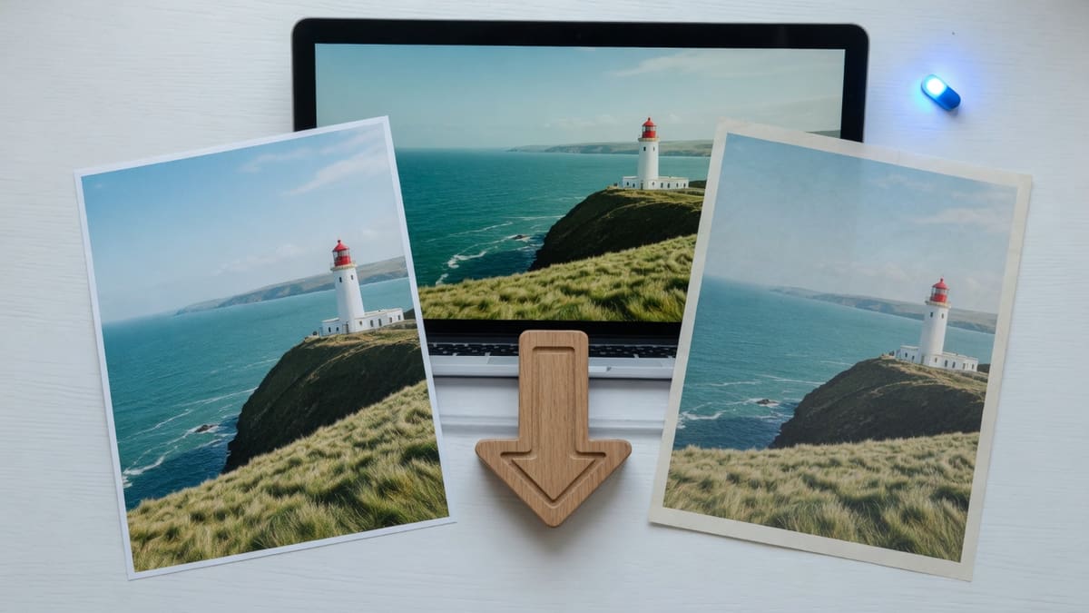 An AVIF photo converting to a JPG file on the same laptop, with a preview and a download on the desk, no upload tray