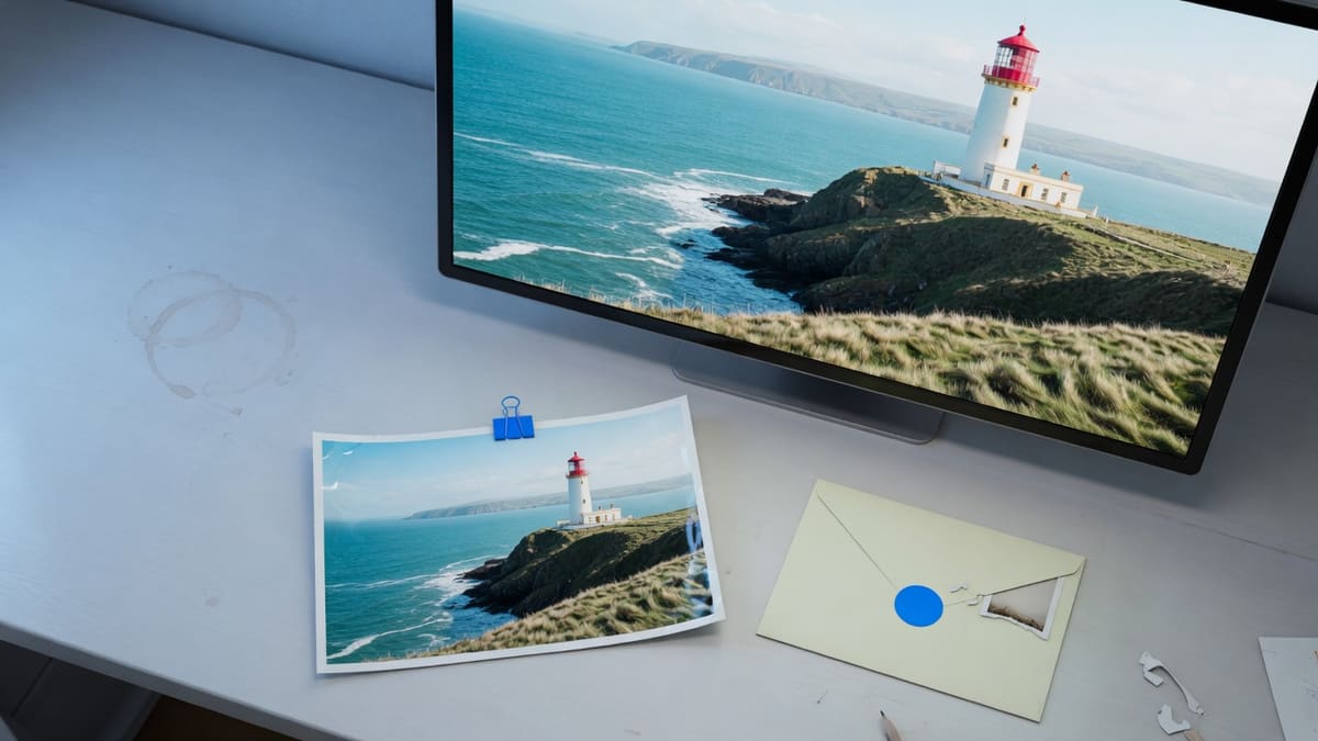 Converted JPG preview of the same landscape photo on screen beside a saved JPG file ready to send by email
