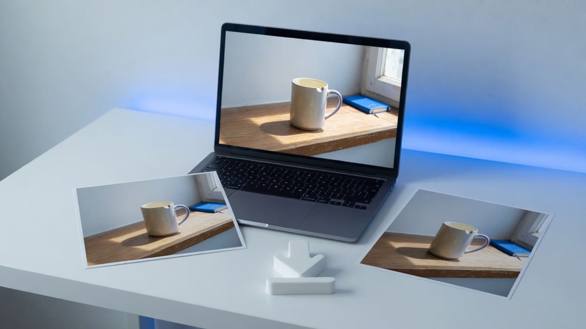 A JPG photo of a ceramic mug converting to a PNG on the same laptop, with a preview and download on the desk