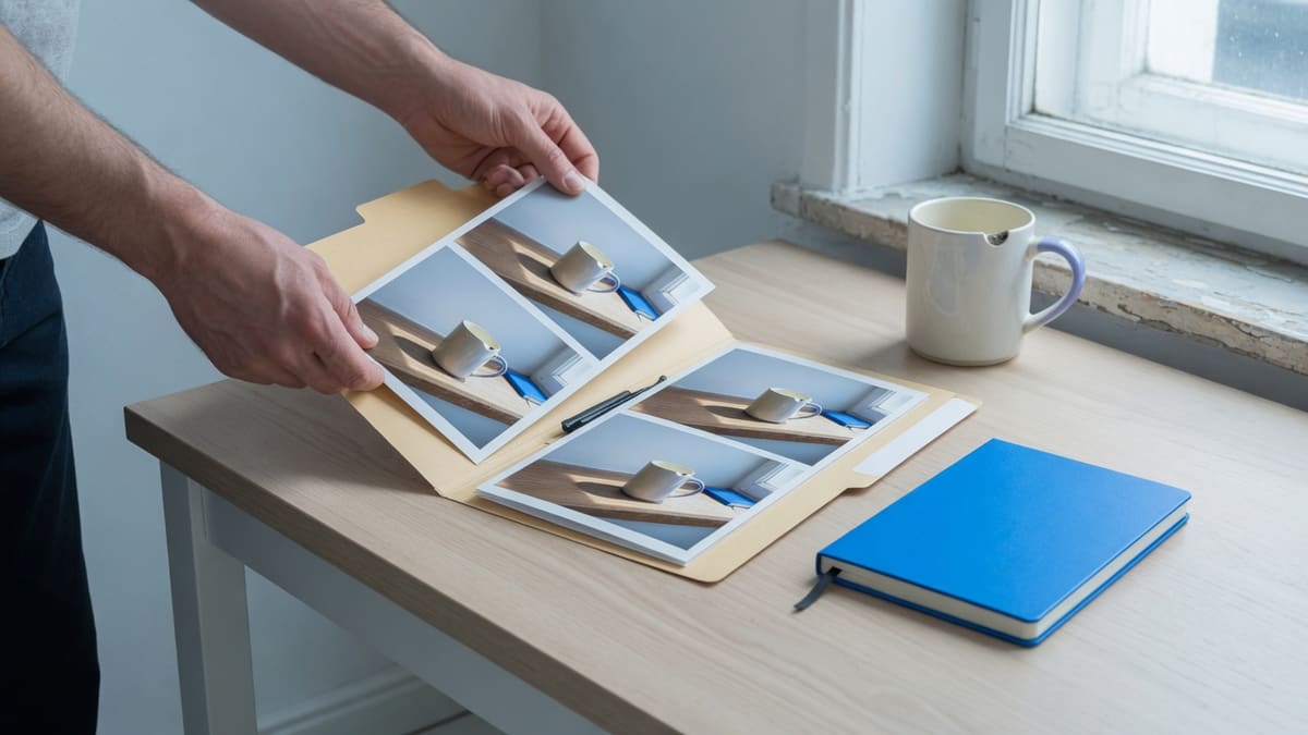 Hands choosing several JPG camera photos of a ceramic mug from a folder before converting them to PNG