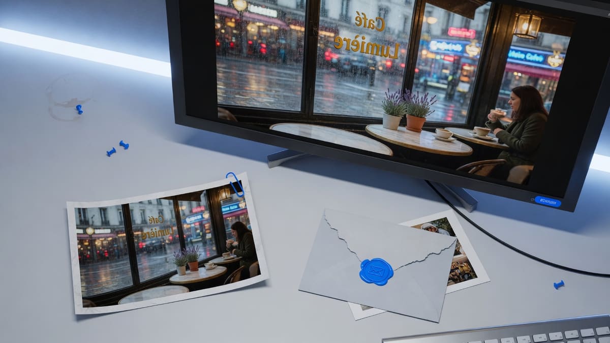Converted JPG preview of the same cafe photo on screen beside a saved JPG file ready to send by email