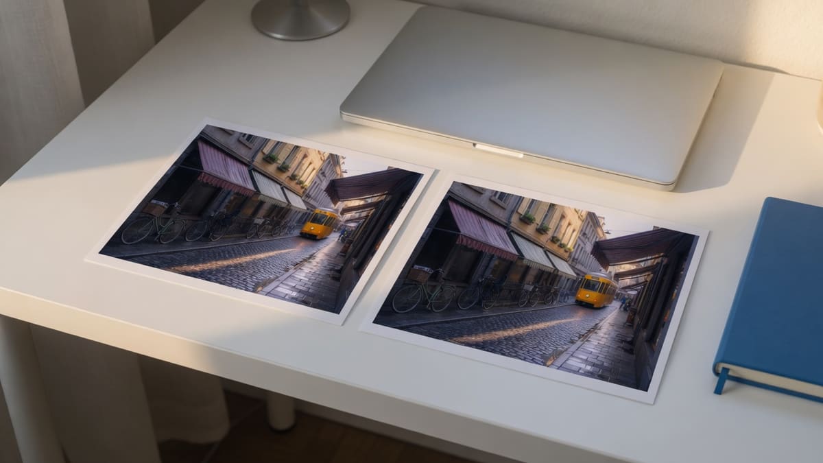 A WebP photo converting to a JPG file on the same laptop, with a preview and a download on the desk, no upload tray